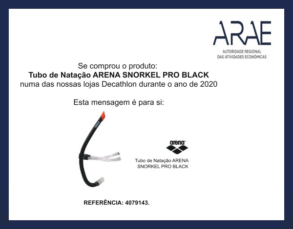 Alerta ARAE – Tubo Natação Arena Snorkel Pro Black - Referência: 4079143