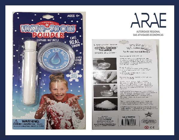 Alerta ARAE – Brinquedo - “Insta-Snow 5225T Instant Play Snow Powder” – Pó expansível em água que se assemelha a neve”