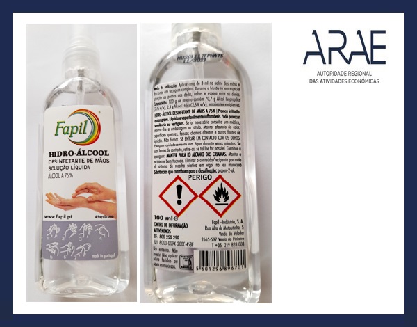Alerta ARAE – Álcool Gel Desinfetante de mãos Fapil 100 ml (Lote: 89603; -11/2023;)