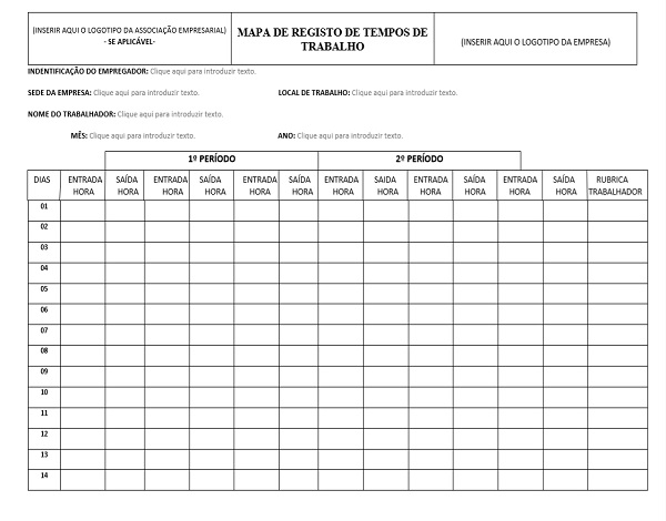Mapa de Registo de Tempos de Trabalho (Transportes)