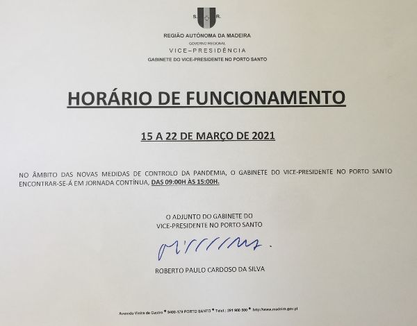 Horário de Funcionamento do Gabinete do Vice-Presidente no Porto Santo