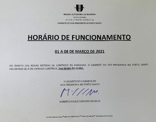 Horário de Funcionamento do Gabinete do Vice-Presidente no Porto Santo 