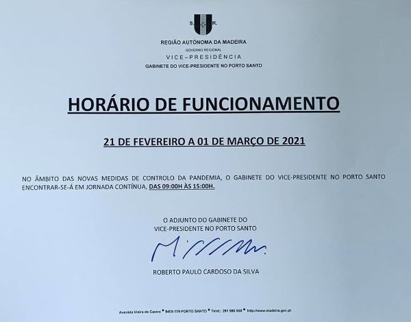 Horário de Funcionamento do Gabinete do Vice-Presidente no Porto Santo 