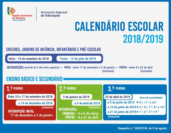 Calendário Escolar - Ano letivo 2018/2019