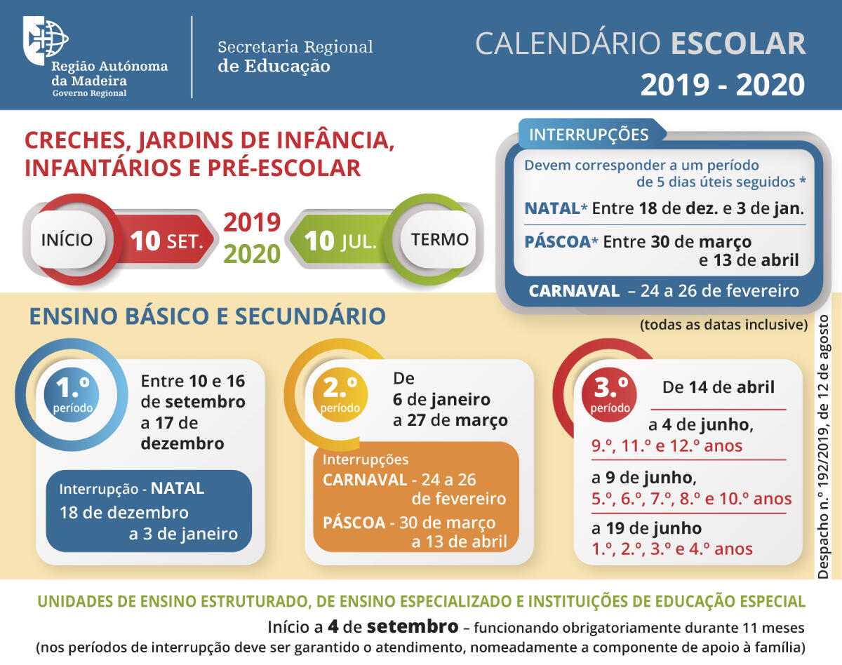 Calendário Escolar - Ano letivo 2019/2020