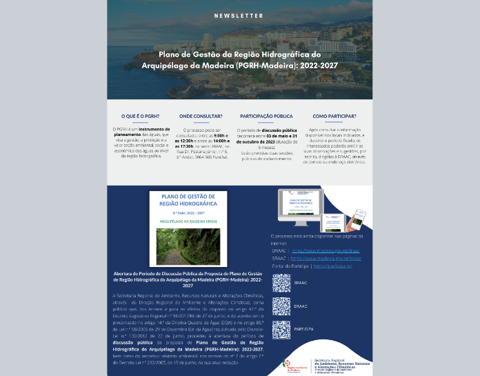 1.ª Sessão de Participação Pública do Plano de Gestão de Região Hidrográfica do Arquipélago da Madeira (PGRH-Madeira): 2022-2027