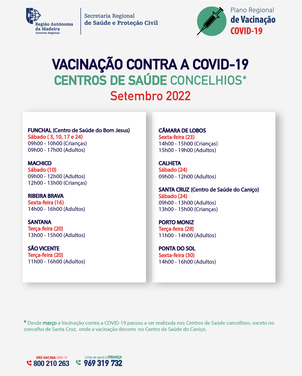 Calendário de Vacinação contra a COVID-19 nos Centros de Saúde: SETEMBRO