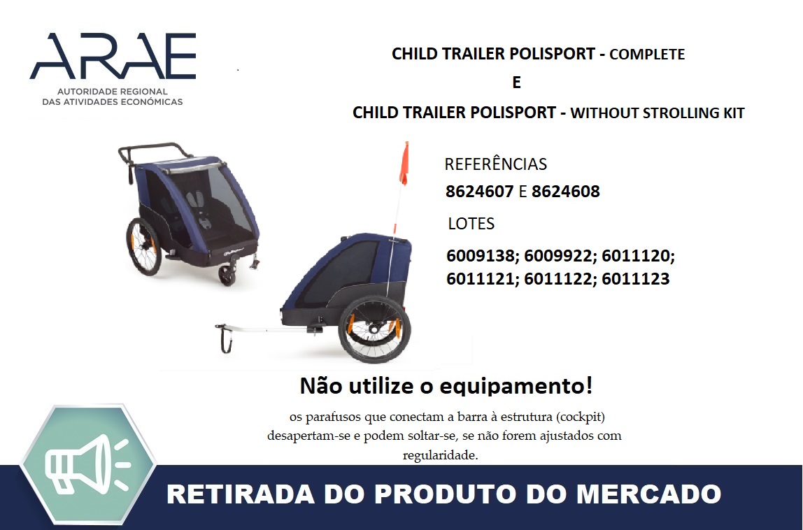 Alerta ARAE – Recolha Produto - “Child trailer polisport - complete / child trailer polisport - without strolling kit" da marca Polisport, comercializado pela DECATHLON