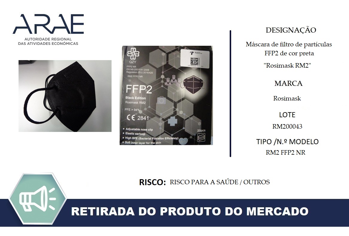 Alerta ARAE – Equipamento de Proteção – Máscara de filtro de partículas FFP2 preta, da marca “Rosimask”