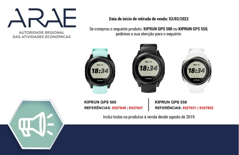 Alerta ARAE – Recolha Produto Kiprun GPS 500 e Kiprun GPS 550
