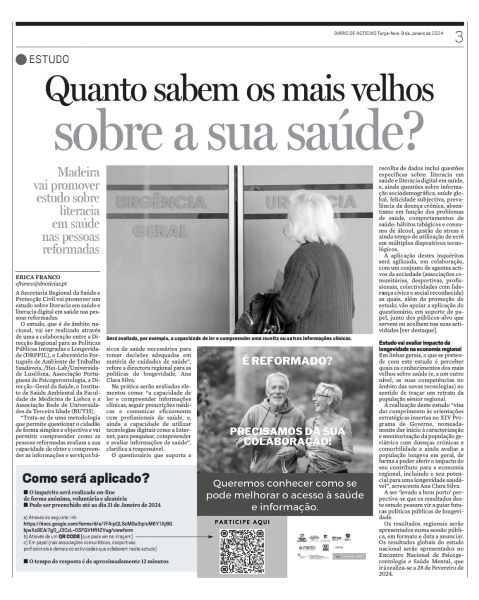 Secretaria Regional da Saúde e Proteção Civil promove estudo sobre Literacia em Saúde e Literacia Digital em Saúde nas pessoas reformadas